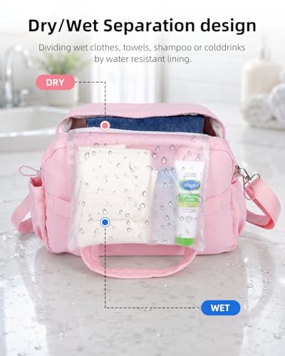 Puffy Duffle Bag For Women, 18 * 14 * 8 Personal Items Bag with Wet Pocket, Overnight Weekender Travel Bag - color: puffy petal pink