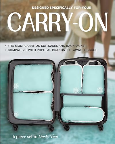 TRIPPED Travel Gear Compression Packing Cubes for Carry-On Travel 6-Pack - color: Dusty Teal and White, size: 6 Piece