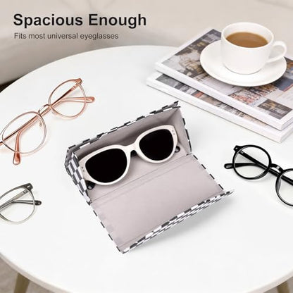 Sunglasses Case, Foldable Glasses Case, Magnetic PU Leather Hard Shell Folding Eyeglass Holder Box - color: Mosaic Grid