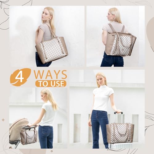 miss fong Checkered Diaper Bag Tote Leather Diaper Bag Backpack, Large Capacity Mommy Bag Hospital Bag, 12 Pockets Travel Diaper Tote with Changing Pad for Mom Plaid Tote Bag for Women-Beige&Honey - color: Beige&honey