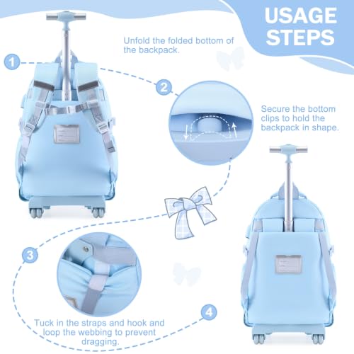 Bevalsa Rolling Backpack for Girls, Roller Backpack with Wheels | Cute Bow Plaid Wheeled School Bookbag Set with Lunch Bag & Pen Case, Suitcases for Kids Teens Elementary Middle Student - color: Blue Plaid