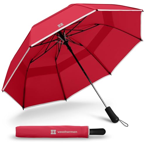 Weatherman Premium Collapsible Travel Umbrella - Windproof, Compact, Easy Auto Open - Resists Up to 55 MPH Winds - Perfect for Rain, Wind, Backpack, Car - Folding Umbrella (Red) - color: Red