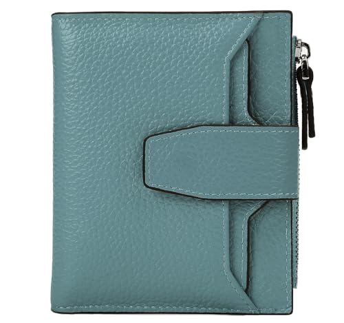 Women's RFID Blocking Leather Small Compact Bi-fold Zipper Pocket Wallet Card Case Purse with id Window - color: Lichee Gray Blue