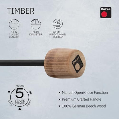 Knirps TIMBER Manual Umbrella - Compact Folding Rain Protection with German Beechwood Handle, Wind Tunnel Tested Frame, Portable Travel Design - color: Navy