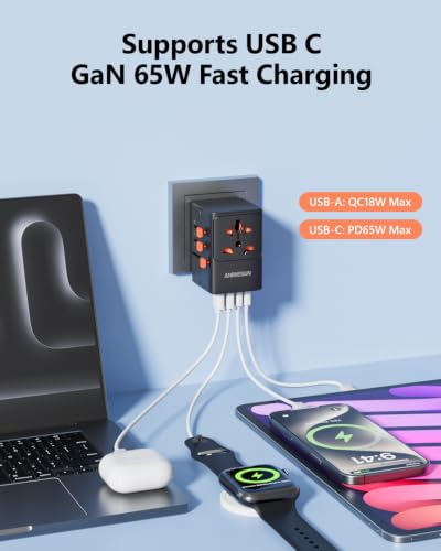 Universal Travel Adapter, International Power Adapter with 4 USB (GaN 65W) - color: 65W 2A2C Black