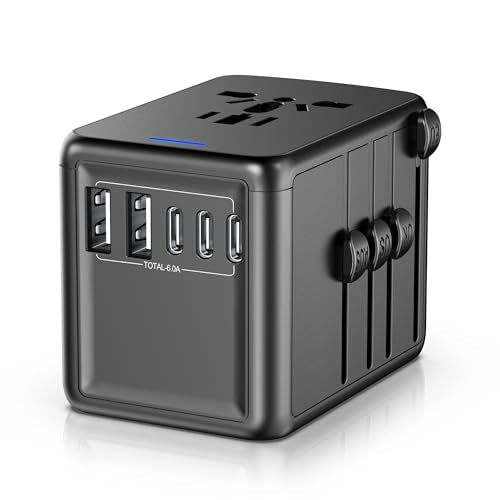 Universal Travel Adapter, 30W 6.0A 5 USB C/A Ports & 2500W AC Outlet - color: 3 USB Type C + 2 USB Type A - Black