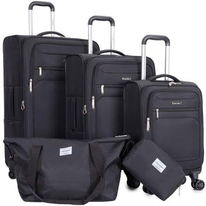 Tripcomp Luggage Sets 5 Piece Softside Expandable Suitcase sets With Spinner Wheels Duffel Bag And Toiletry Bag, Lightweight Carry-On And Checked Luggage (19" 23" 27"), Black - color: Black