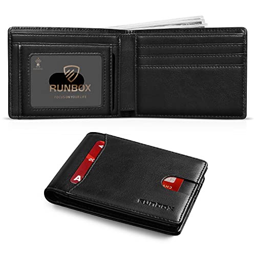 RUNBOX Wallet for Men, Slim Leather Bifold, RFID Blocking Card Holder - color: 1 oil black