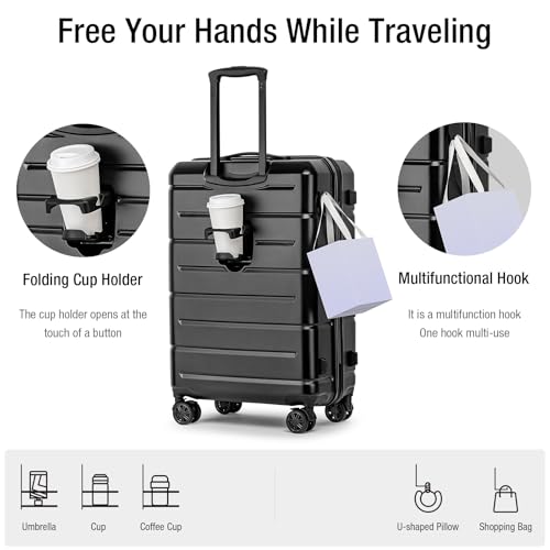 KYME 24 Inch Luggage TSA Approved Hardshell Suitcases with Spinner Wheels Durable PC+ABS Medium Checked Travel Luggage for Women Men - color: Black, size: Checked-Medium 24-Inch