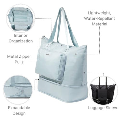 Baggallini Carryall Expandable Lightweight Travel Tote 22" Packable Folding Compact Nylon Washable Weekender w/Luggage Sleeve - color: Pool