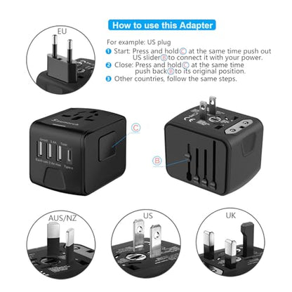 SAUNORCH Universal International Travel Power Adapter, AC Outlet | High Speed 2.4A USB & 3.0A Type-C Charger for Europe UK US AU Asia, Black