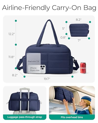 BAGSMART Gym Bag for Women, 2-PC Puffer Travel Duffle Bag Carry On Tote Bag - color: Navy Blue