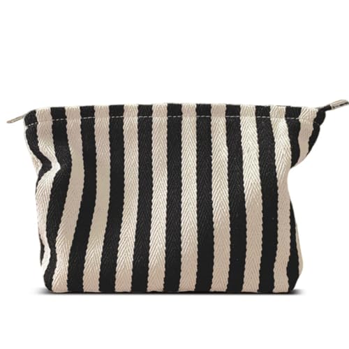 HAPPYHEIDI Aesthetic Makeup Bag Travel Cosmetic Pouch, Striped, Large - color: Black White Striped, size: Large