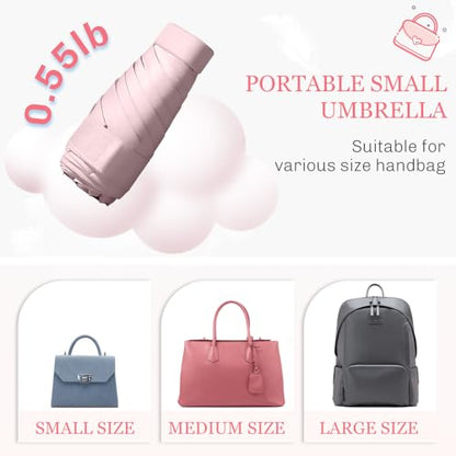 TOPSAIL Mini Umbrella for Travel, UPF 50+ UV Sun & Rain Protection, Compact 6k Folding Pocket Umbrella with Case for Purse, Backpack - color: BlackPink