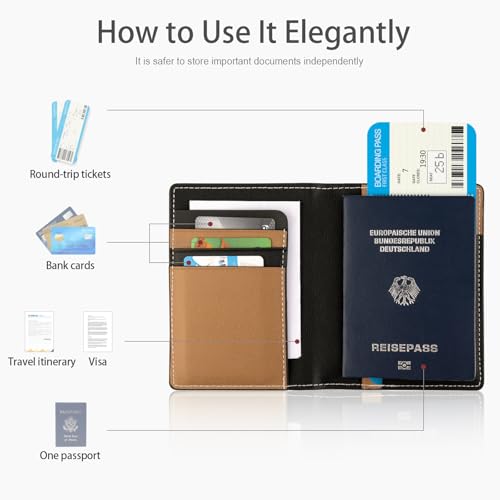 Lychii RFID-blocking Passport Holder Cover, Slim PU Leather Passport Wallet - color: Black/Brown