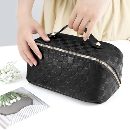 ALEXTINA Travel Makeup Bag, Checkered PU Leather Cosmetic Bag, Black - color: black, size: Medium