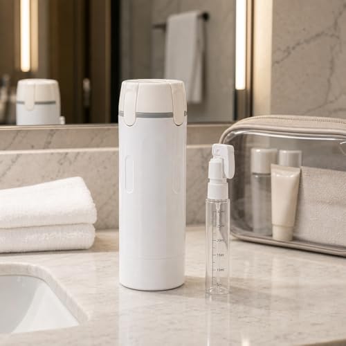 4-in-1 Travel Dispenser Bottle, Refillable Containers with Clear Scale Labels, Leak Resistant Travel Toiletry Bottles for Cosmetics, Shampoo, Lotion, White