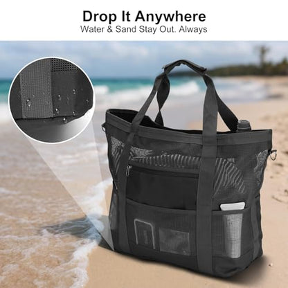 Mesh Beach Bags for Women - Plus Waterproof Sandproof Tote Bag - color: Black With Top Zipper, size: Large