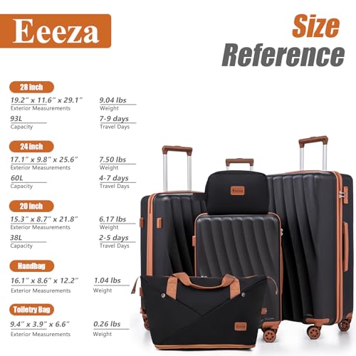 Eeeza Luggage Sets 5 Piece Suitcases with Wheels (Black, 20"/24"/28" DB/TB) - color: Black, size: 5 Piece Sets (20/24/28/DB/TB)