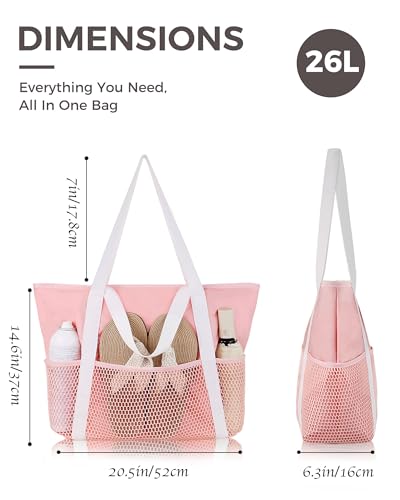 HOMESPON Beach Bag Large Waterproof Sandproof Tote for Women with Zipper and Mesh Pockets | 2 Sizes up to 41L, Wet-Dry Separation, Inner Security Pocket, Pool Cruise Yacht & Spa - color: Pink, size: Medium