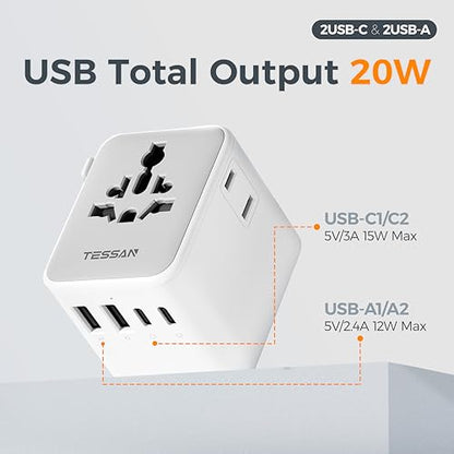 TESSAN Universal Travel Adapter, Power Adapter Worldwide - color: Grey&White-20W