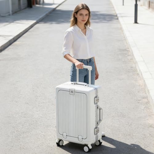 24 Inch Aluminum Frame Luggage with Front Pocket, White - color: White, size: 24 Inch
