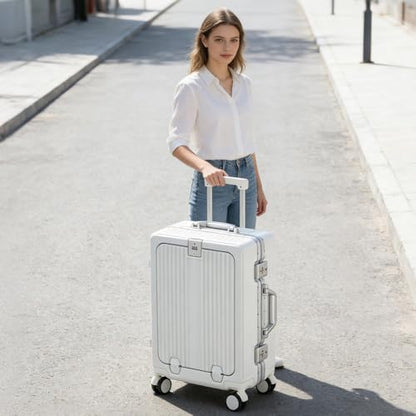 24 Inch Aluminum Frame Luggage with Front Pocket, White - color: White, size: 24 Inch