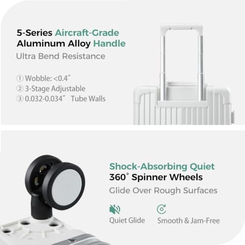 Carry on Luggage Aluminium Frame with Cup Holder,Top opening Suitcases and USB Charging Port,Lightweight with Front Pocket Rolling Suitcases with Spinner Wheels (White, 20Inch) - color: White