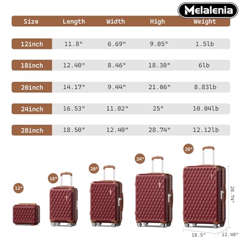 Melalenia Luggage Sets 7 Piece Hard Shell Carry on Suitcase with Spinner Wheels and TSA Lock, Lightweight Travel Duffel Bag for Women, Men, Red Brown - color: Red Brown, size: 7 Piece Set(DB/TB)