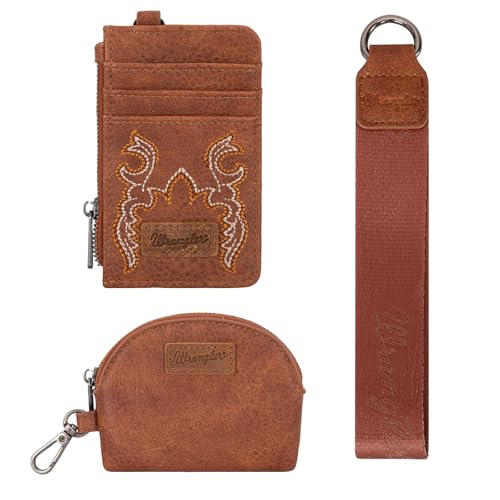 Wrangler Keychain Wristlet Wallets for Women Western Dual Pouch Wristlet Credit Card Holder Wallet - color: B-Brown