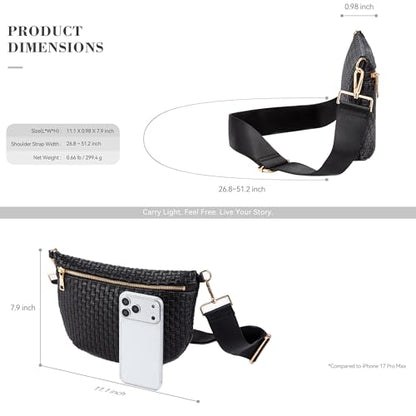 Woven Crossbody Bag for Women, Checkered PU Bum Bag Sling Purse with Adjustable Strap for Travel, Festivals - color: Black