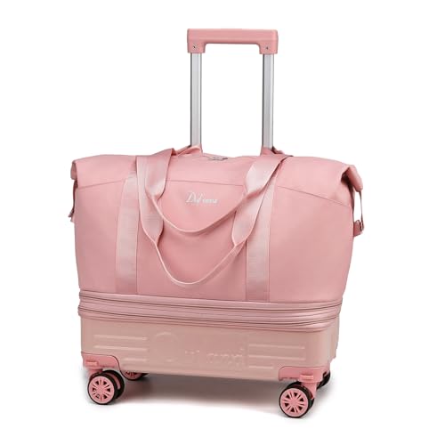 Rolling Duffle Bag with Wheels and Handle, Expandable Foldable Carry On Luggage with Removable Wheels, Personal Item Travel Bag, Lightweight Duffel Tote for Gym Hospital Weekender (Blush Pink) - color: Blush Pink