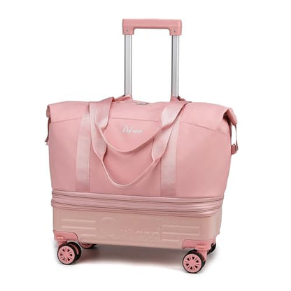Rolling Duffle Bag with Wheels and Handle, Expandable Foldable Carry On Luggage with Removable Wheels, Personal Item Travel Bag, Lightweight Duffel Tote for Gym Hospital Weekender (Blush Pink) - color: Blush Pink