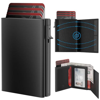 Mens Wallet Card Holder - Smart Wallet for Men, Pop Up Card Case, Top Grain Leather, RFID Blocking, Slim, Minimalist, Ultra Thin, Front Pocket, 9-14 Card Capacity | ID Window | Cash Slot (Black) - color: Black