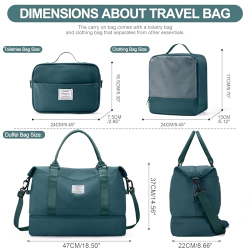 Weekender Bags for Women,Travel Duffle Overnight Bag with Shoe Compartment - color: A-Peacock Blue-3Pcs-0022, size: Large