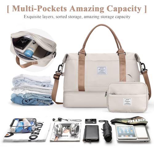 Travel Duffel Bag with Shoes Compartment,Weekender Bags for Women Travel - color: Beige & Brown, size: Large