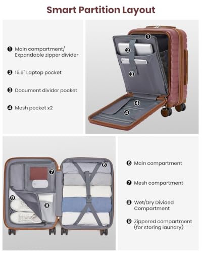 Kono Carry On luggage Airline Approved 20 Inch - color: Apricot Burgundy, size: Carry-on 20-inch