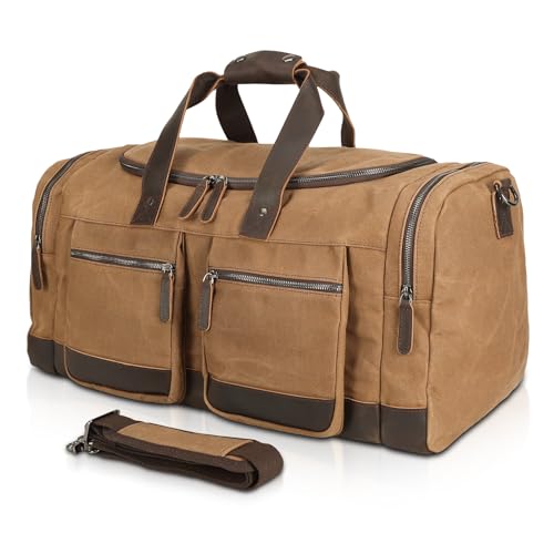 Polare 23” Waxed Canvas Cowhide Leather Waterproof Travel Duffel Bag Trim Luggage Weekender Overnight Carry on Hand Bag - color: Brown-23"
