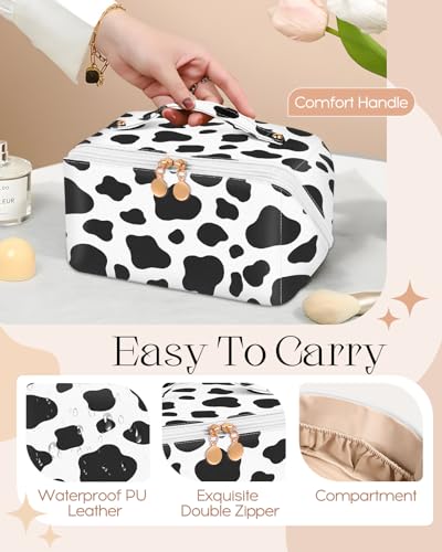 Bistup Makeup Bag Travel Cosmetic Bag Toiletry Make Up Bags Cute Women Large Capacity Big Medium Leather Cow Print Aesthetic Girl Teen Teenage Foldable Expandable Open Flat Zip - color: 5-Cow Print