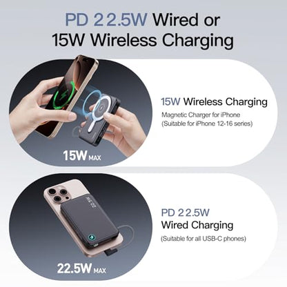 2026 Updated M3 Ultra Slim 0.4'' Wireless Power Bank with Built in Cable - color: White