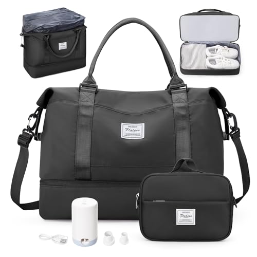 Weekender Bags for Women, Personal Item Travel Bag with Shoes Compartment - color: A-Black with Air Pump, size: Large