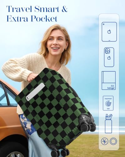 Slohif Dark Green Checkered Luggage Cover with Storage Pocket 24-27 inch - color: Dark Green Checkered, size: M-(24-27)Inch