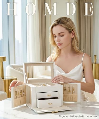 Homde Lockable Jewelry Box for Girl: 3-Layer Safe Organizer with Key - color: White