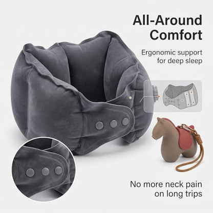 Foldable Inflatable Travel Pillow with Cute Pony Storage Case, Portable Neck Pillow for Airplane, Train & Napping, Hygienic & Skin-Friendly Fabric (Grey) - color: Grey