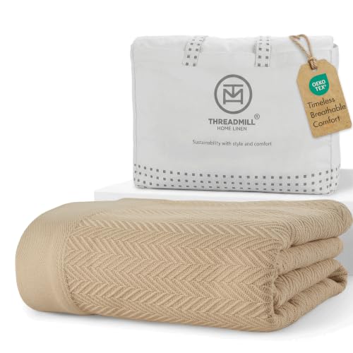 Threadmill Luxury 100% Cotton Queen Herringbone Blanket, Beige - color: Beige, size: Queen (90" x 92")