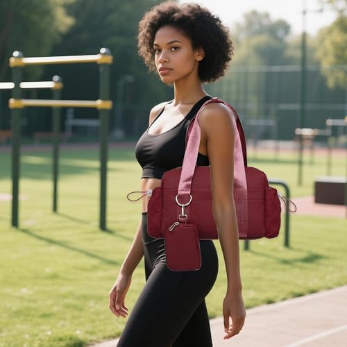 Everyday Mini Gym Bag for Women 2.0, Small Tote with Zipper Compartment Waterproof Travel Duffle Cute Handbag Workout Carry On with Removeable Shoulder Strap & Coin Wallet Easy to Clean-Wine - color: Wine