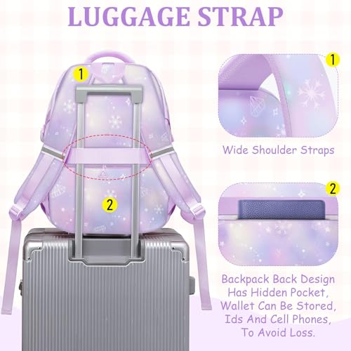 School Backpack for Girls - 5pcs Cute Girls Backpack with Lunch Box for Teens Kids Elementary Middle School - 17″ Students Bookbag Travel Back Pack for Age 6-18 - color: Tm-diamond Purple-backpack Set