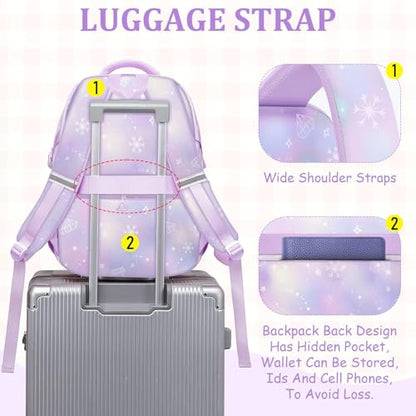 School Backpack for Girls - 5pcs Cute Girls Backpack with Lunch Box for Teens Kids Elementary Middle School - 17″ Students Bookbag Travel Back Pack for Age 6-18 - color: Tm-diamond Purple-backpack Set