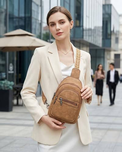FADEON Sling Bag for Women, Designer Small Crossbody Bags, Adjustable Strap - color: Camel Brown Suede Style