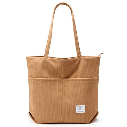 KALIDI Women Corduroy Tote Bag Zipper Casual Tote's Handbag Big Capacity Shoulder Bag with Pockets - color: D-brown